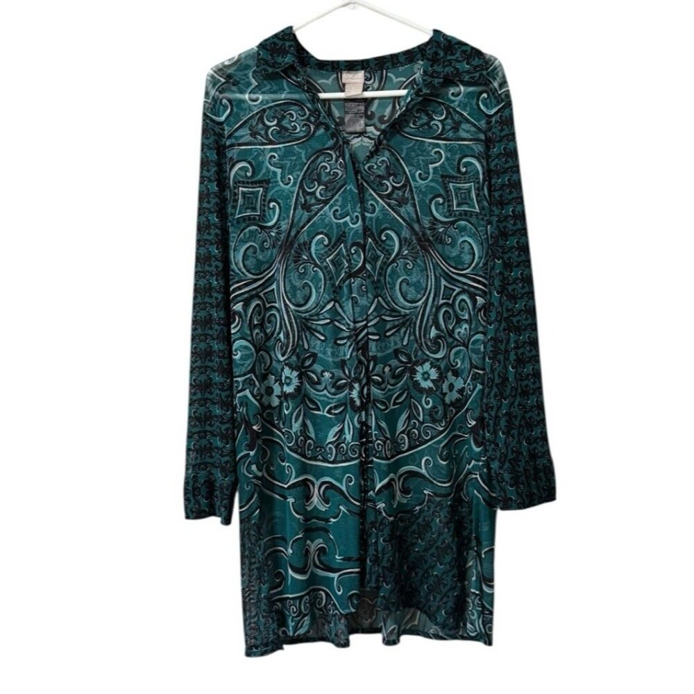 TRAVELERS COLLECTION by CHICOS Button Down Sheer Tunic Top Size 3P Long Sleeve